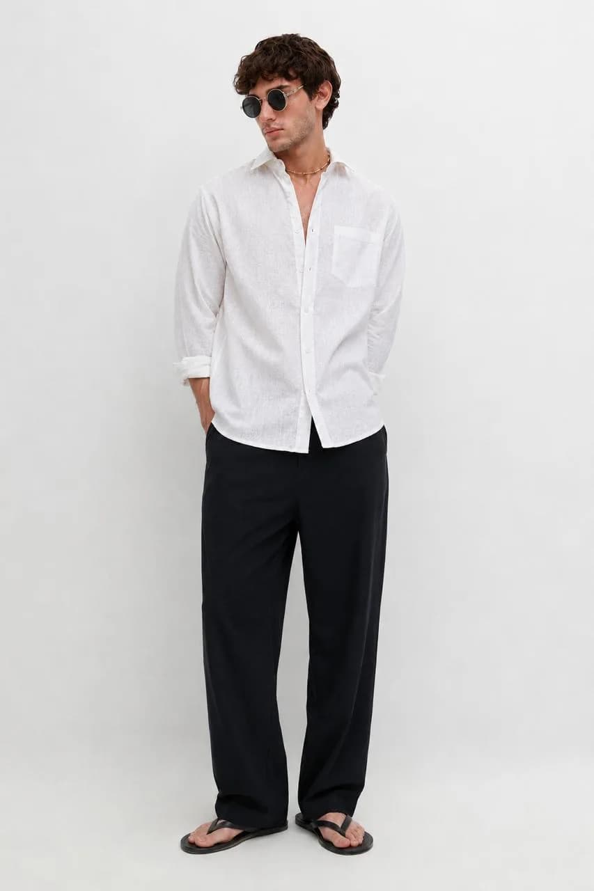 White Linen Blend Regular Shirt