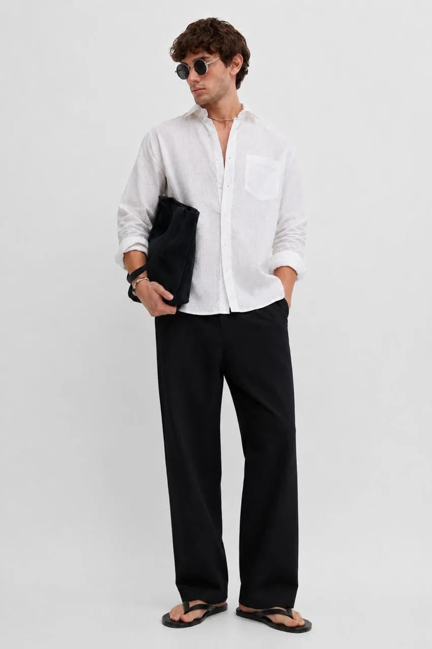 White Linen Blend Regular Shirt